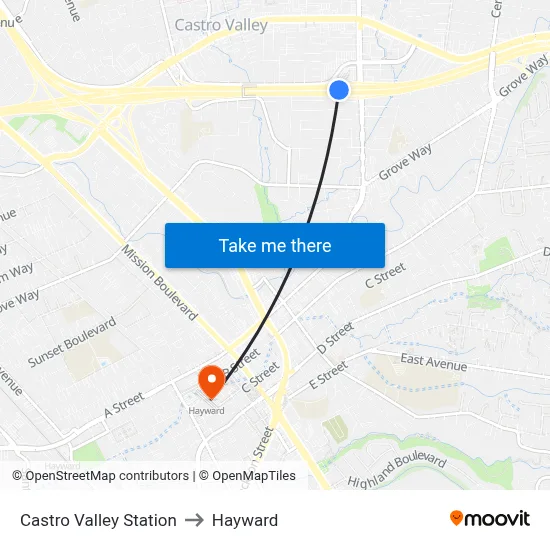 Castro Valley Station to Hayward map