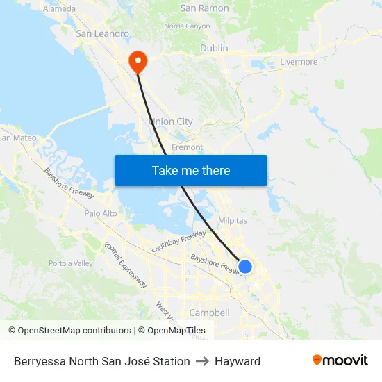 Berryessa North San José Station to Hayward map