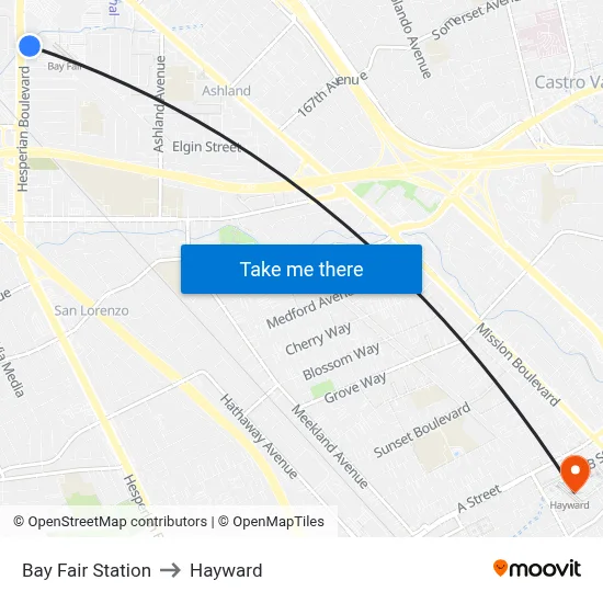 Bay Fair Station to Hayward map