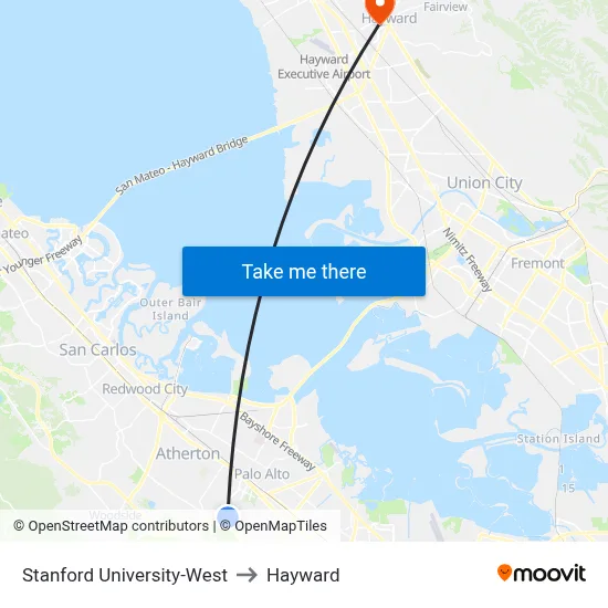 Stanford University-West to Hayward map