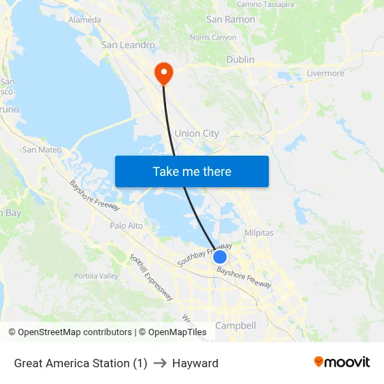 Great America Station (1) to Hayward map