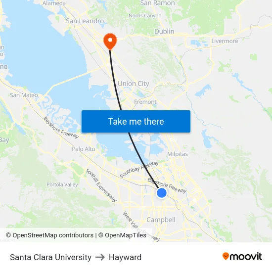 Santa Clara University to Hayward map
