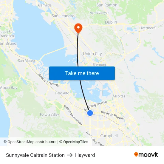 Sunnyvale Caltrain Station to Hayward map