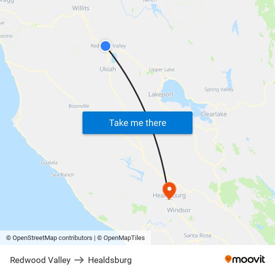 Redwood Valley to Healdsburg map