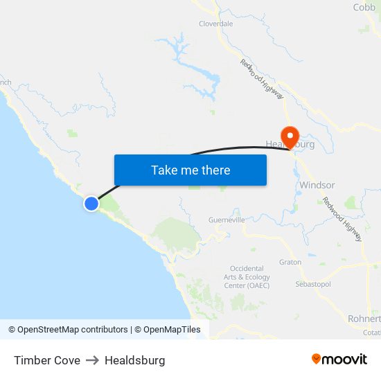 Timber Cove to Healdsburg map