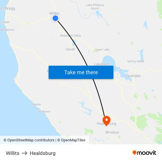 Willits to Healdsburg map