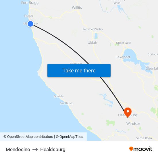 Mendocino to Healdsburg map