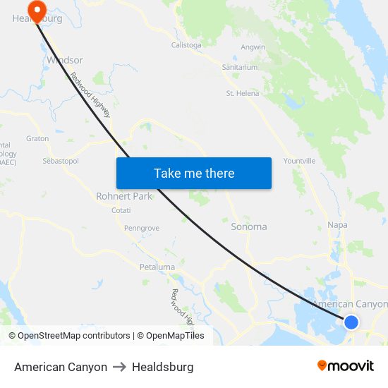 American Canyon to Healdsburg map