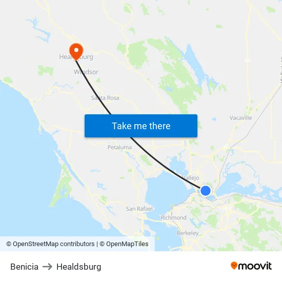 Benicia to Healdsburg map
