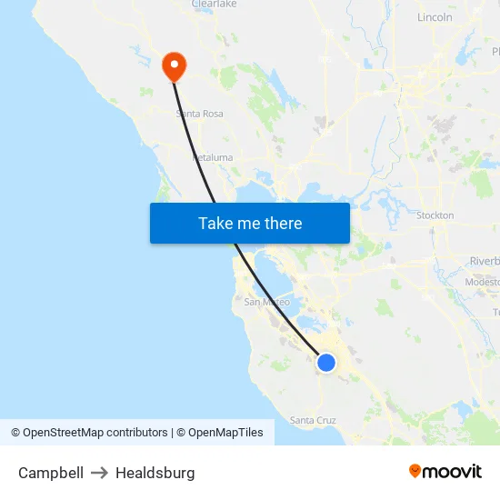 Campbell to Healdsburg map