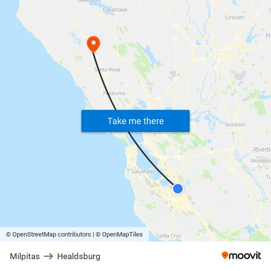 Milpitas to Healdsburg map
