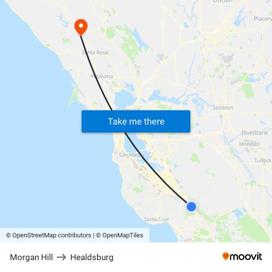 Morgan Hill to Healdsburg map