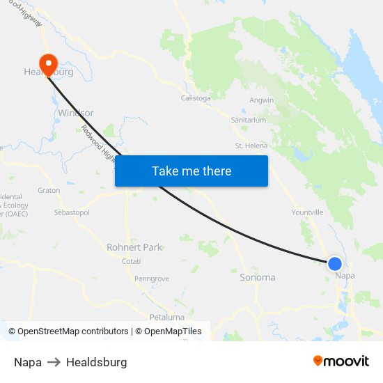 Napa to Healdsburg map