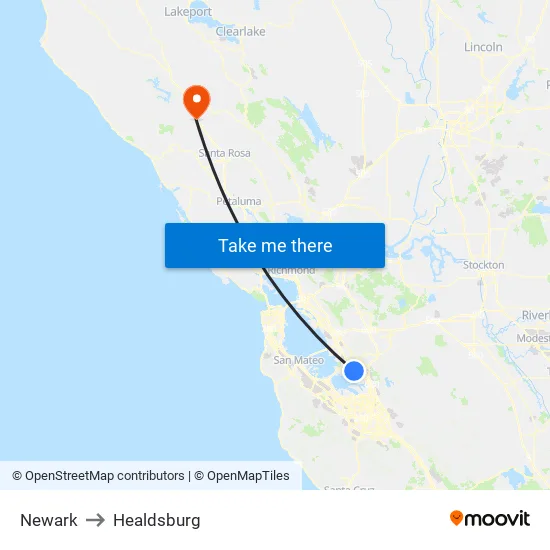 Newark to Healdsburg map