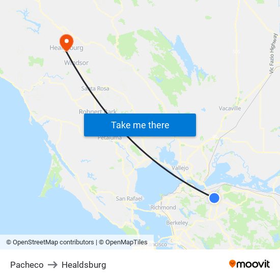 Pacheco to Healdsburg map