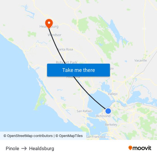 Pinole to Healdsburg map