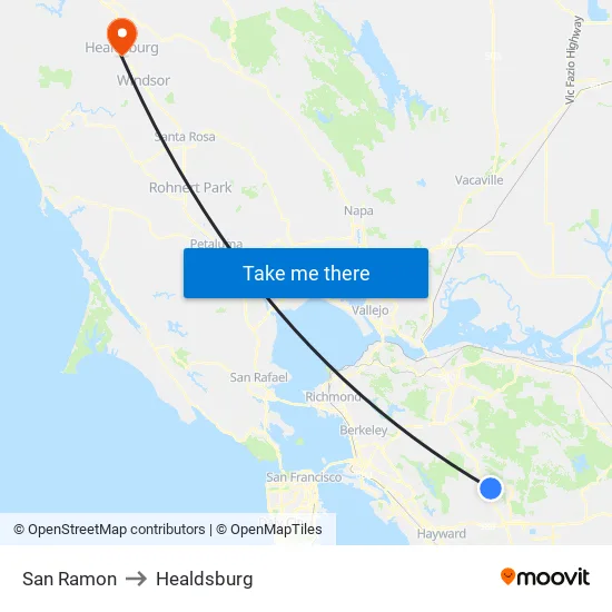 San Ramon to Healdsburg map