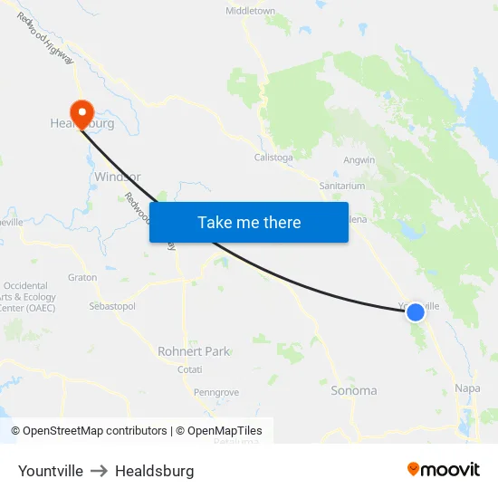Yountville to Healdsburg map