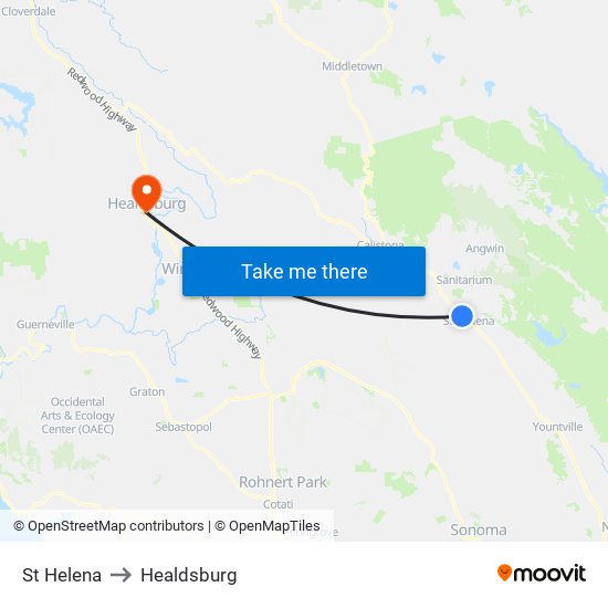 St Helena to Healdsburg map