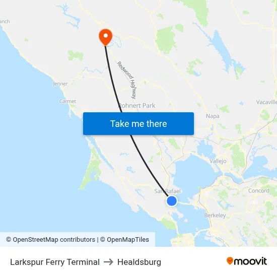 Larkspur Ferry Terminal to Healdsburg map