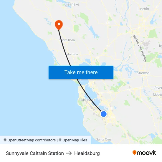 Sunnyvale Caltrain Station to Healdsburg map