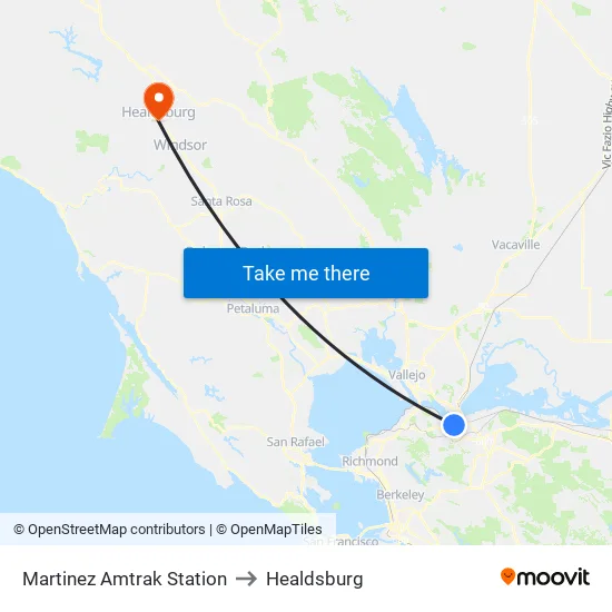 Martinez Amtrak Station to Healdsburg map