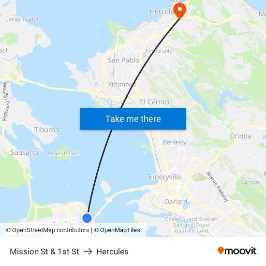 Mission St & 1st St to Hercules map