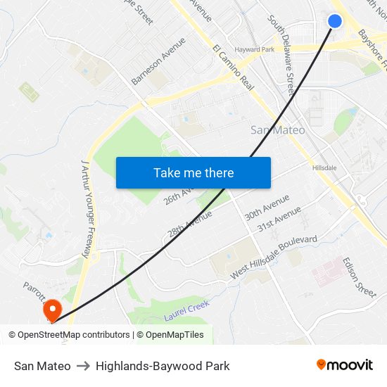 San Mateo to Highlands-Baywood Park map