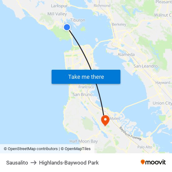 Sausalito to Highlands-Baywood Park map