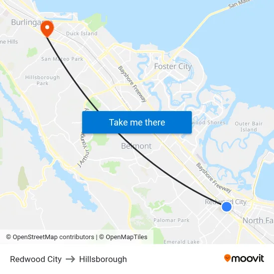 Redwood City to Hillsborough map