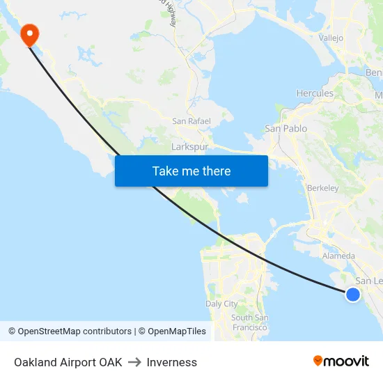 Oakland Airport OAK to Inverness map