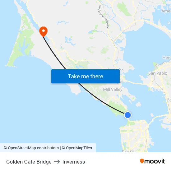 Golden Gate Bridge to Inverness map