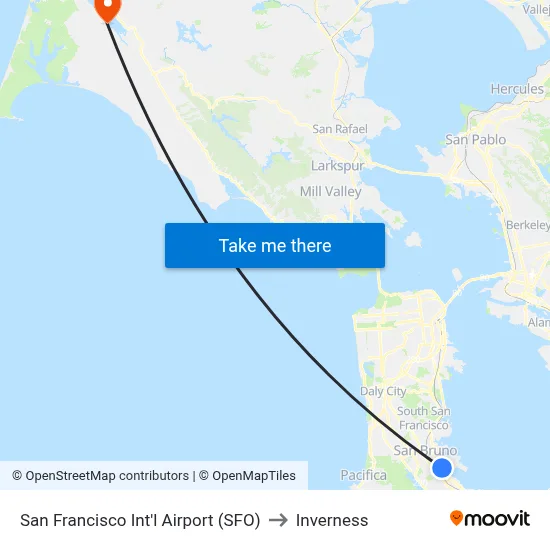 San Francisco Int'l Airport (SFO) to Inverness map