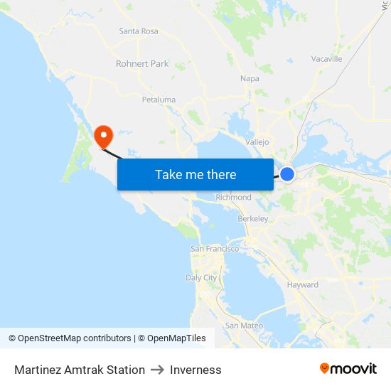 Martinez Amtrak Station to Inverness map