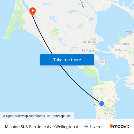 Mission St & San Jose Ave/Wellington Ave to Inverness map