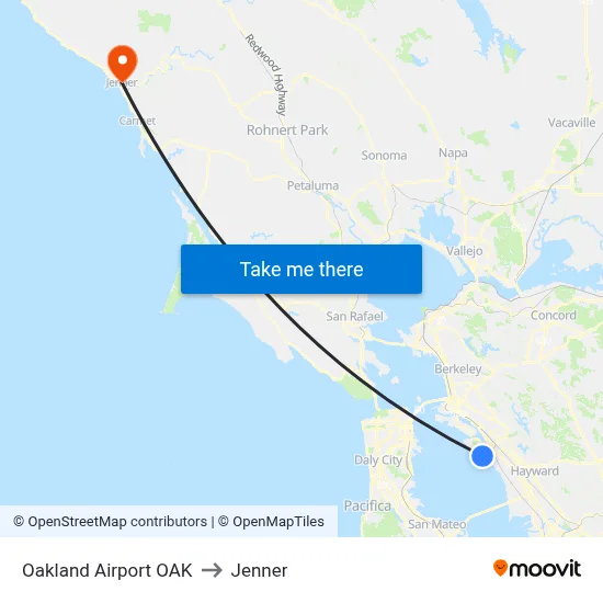 Oakland Airport OAK to Jenner map