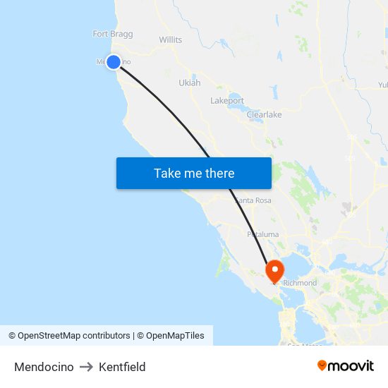 Mendocino to Kentfield map