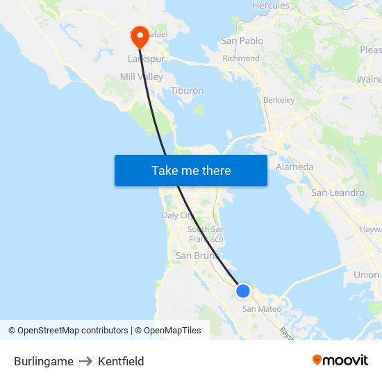 Burlingame to Kentfield map