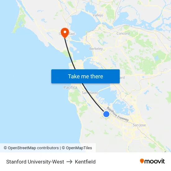 Stanford University-West to Kentfield map