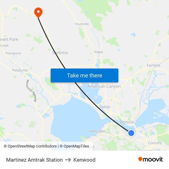 Martinez Amtrak Station to Kenwood map