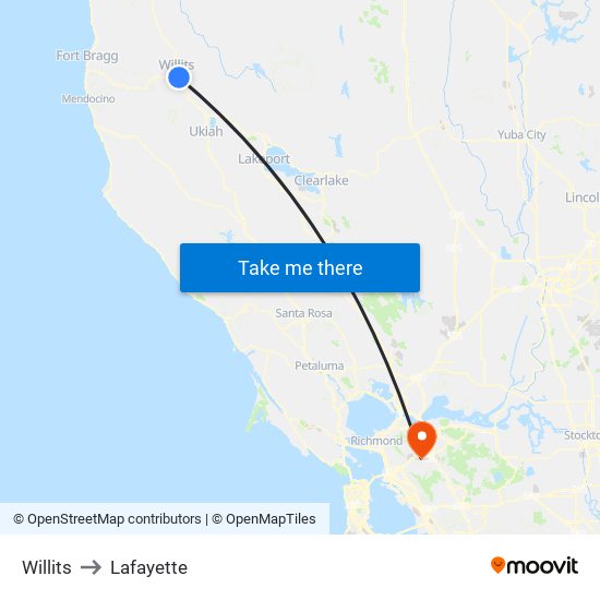 Willits to Lafayette map