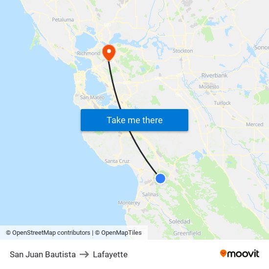 San Juan Bautista to Lafayette map