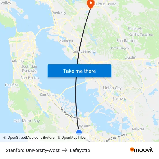 Stanford University-West to Lafayette map