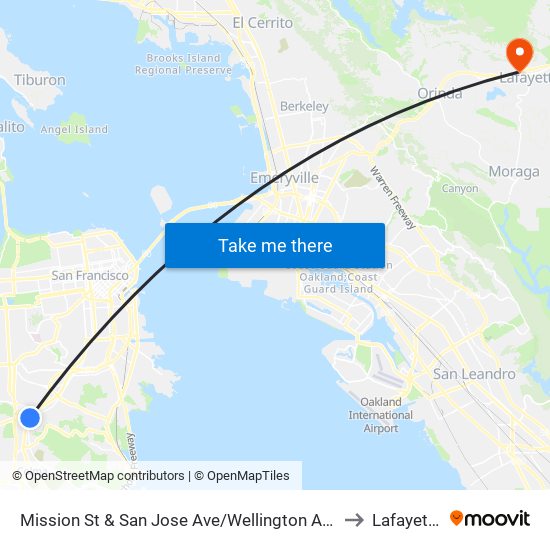 Mission St & San Jose Ave/Wellington Ave to Lafayette map