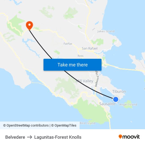 Belvedere to Lagunitas-Forest Knolls map