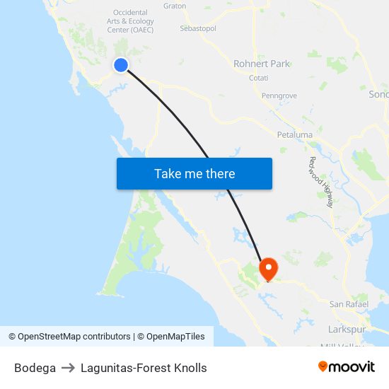 Bodega to Lagunitas-Forest Knolls map