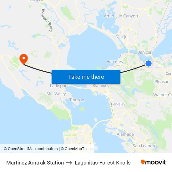 Martinez Amtrak Station to Lagunitas-Forest Knolls map