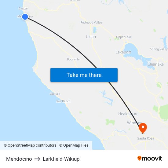 Mendocino to Larkfield-Wikiup map