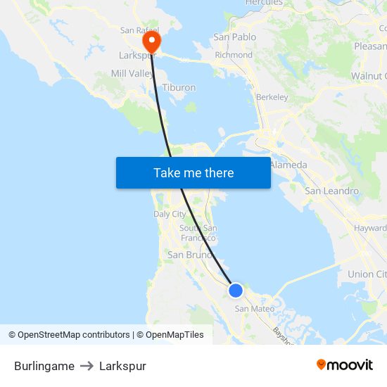 Burlingame to Larkspur map