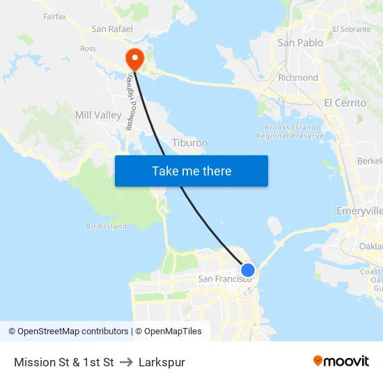 Mission St & 1st St to Larkspur map